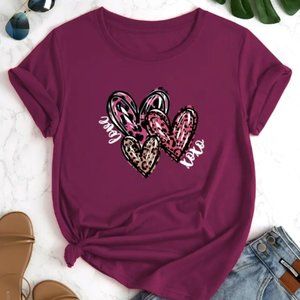 Three Heart Love XOXO Burgundy T-Shirt 2XL-16 Women's Short Sleeve  Round Neck